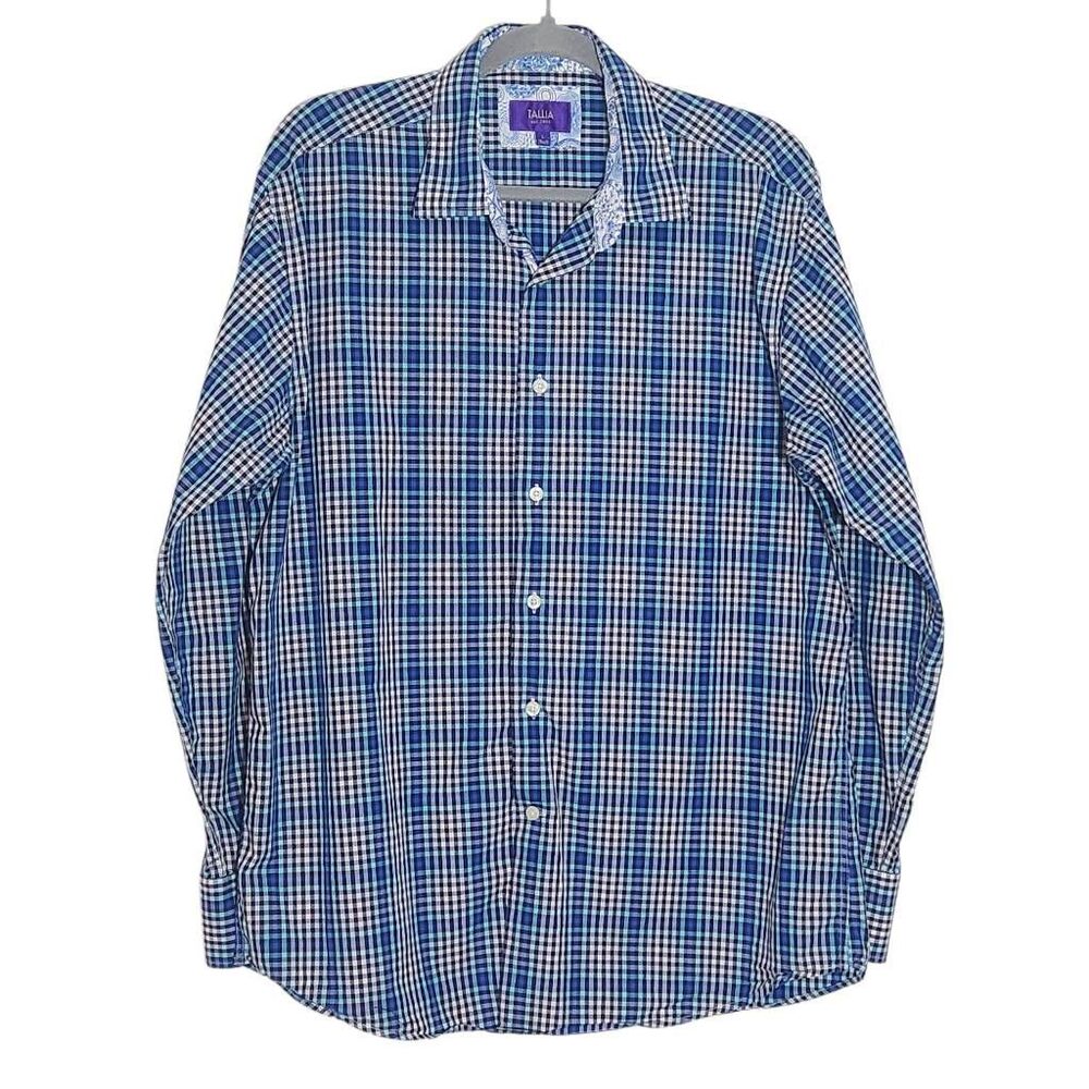 Tallia Blue Plaid Button Down Shirt Size Large 16.5 Blue Plaid Dress Shirt